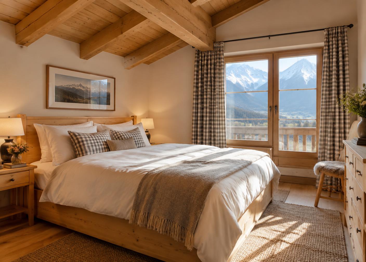 Bright bedroom with wooden beams (visualisation)