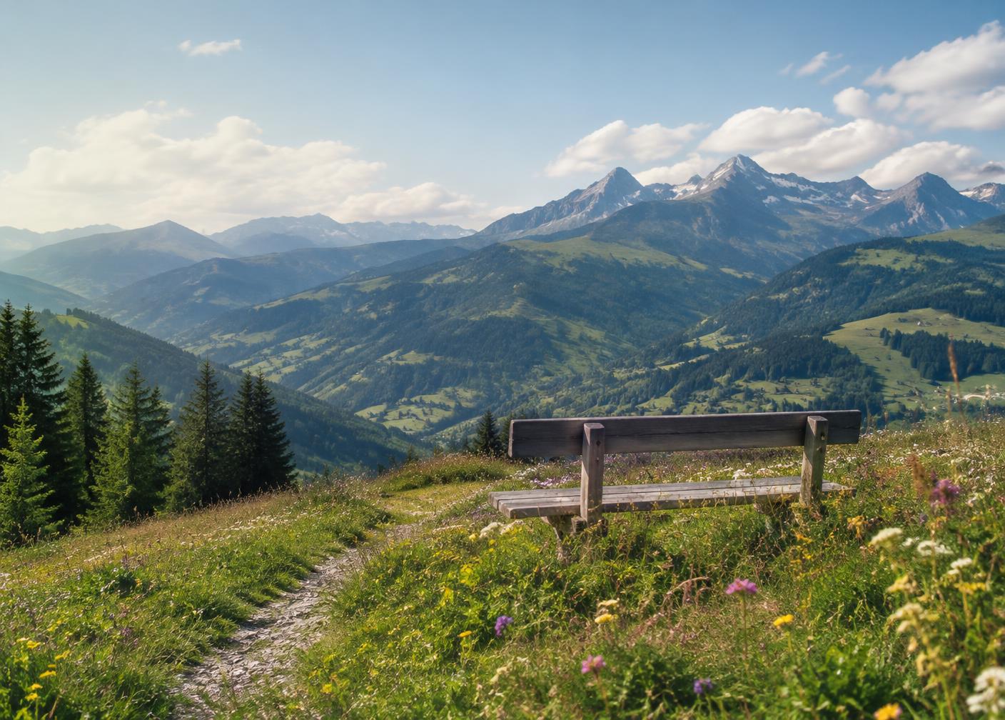 Summer hiking trail with bench in the Kitzbühel Alps